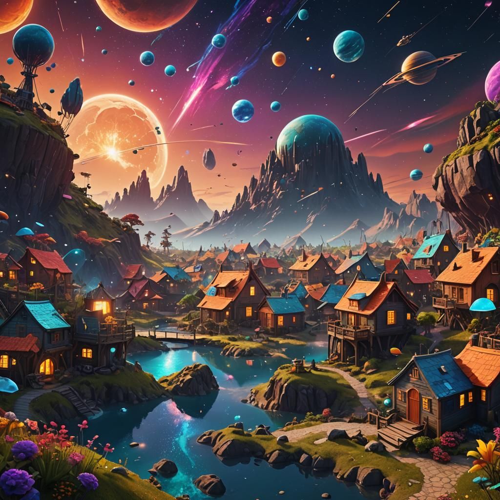 Colorful Planet Village Amidst Meteor Showers