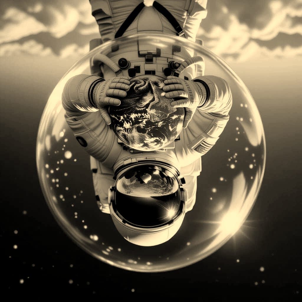 Astronaut Holds Planet in Silk Bubble