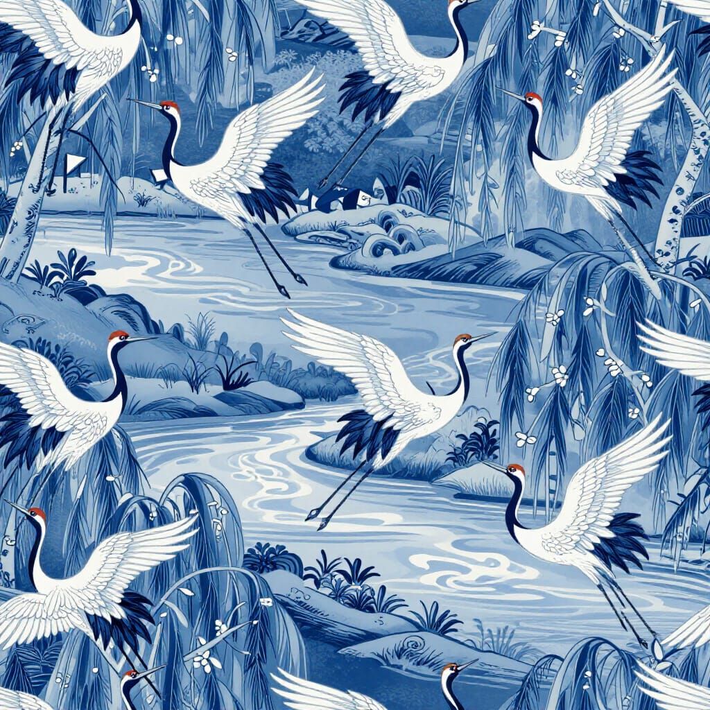 Blue and White Cranes Seamless Pattern in Chinoiserie Style