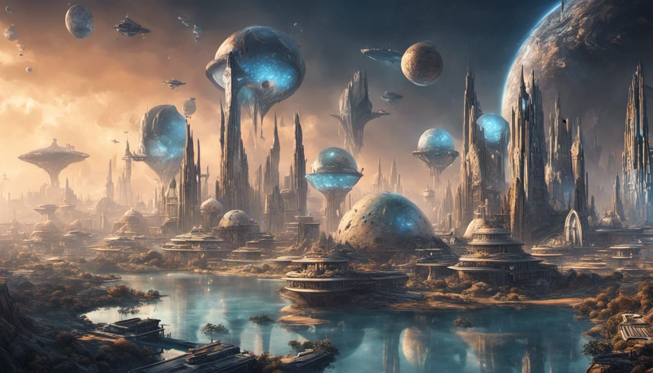 Futuristic City on Alien Planet with Spacecraft Airport