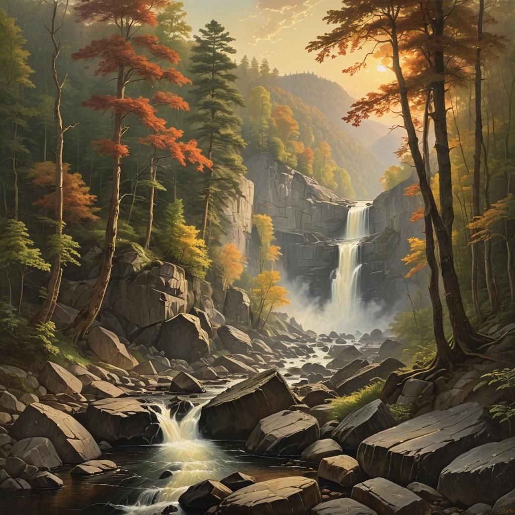 Majestic Waterfall Landscape in Hudson River School Style