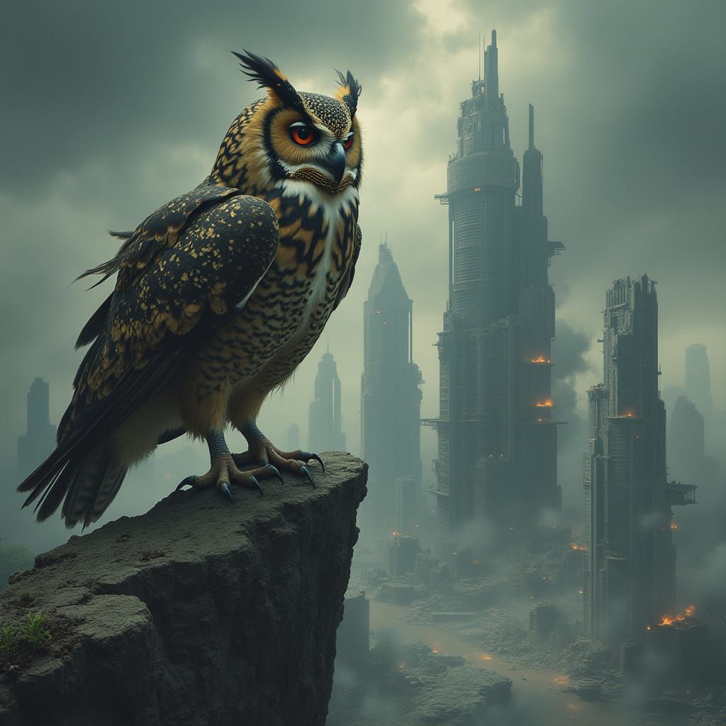 Dystopian Owl Overlooks Ruined Future Cityscape