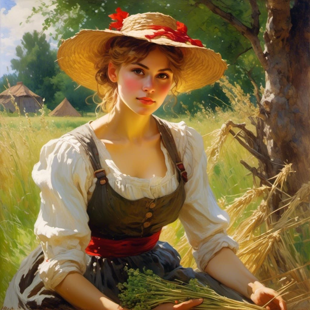 Hyperreal Oil Portrait of a Russian Woman in Field