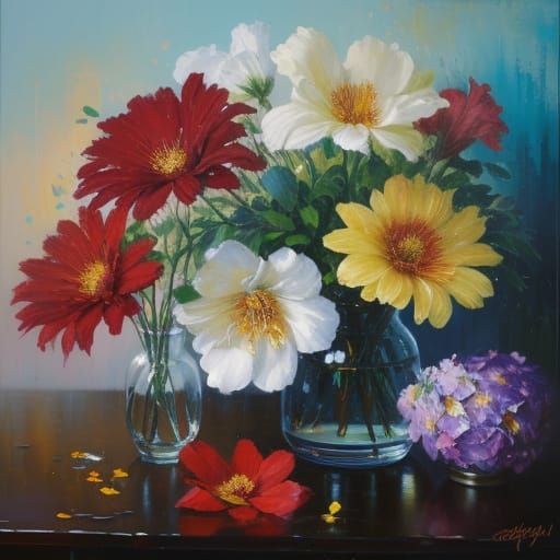 Vibrant Flowers in Textured Oil Painting, Chiaroscuro Lighti...