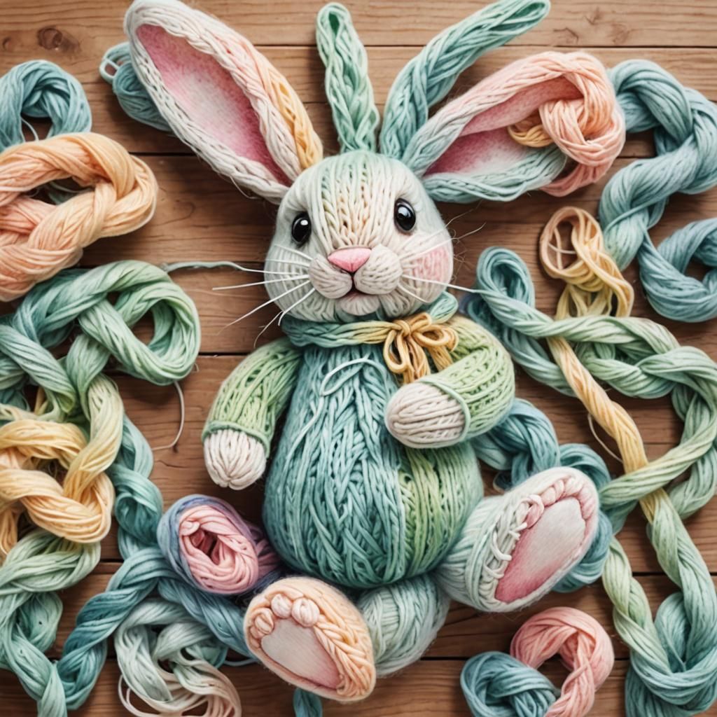 Watercolor Knitted Bunny Illustration on Wooden Table