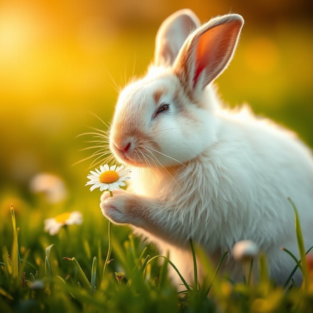 Rabbit Sniffing Daisy in Golden Sunlight