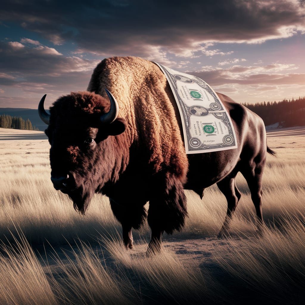 Surreal Bison with Dollar Bill in Yellowstone
