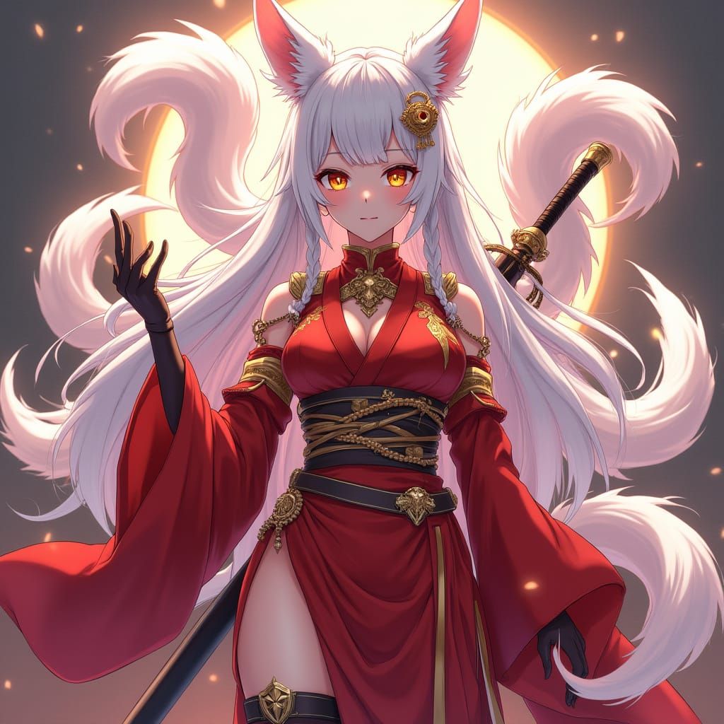Anime Female Admiral With Kitsune Ears and Katana