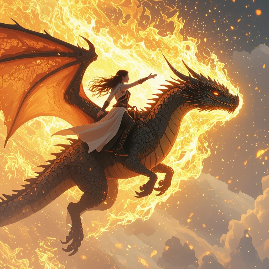 Dragon Rider in Golden Fire, Matte Painting Style