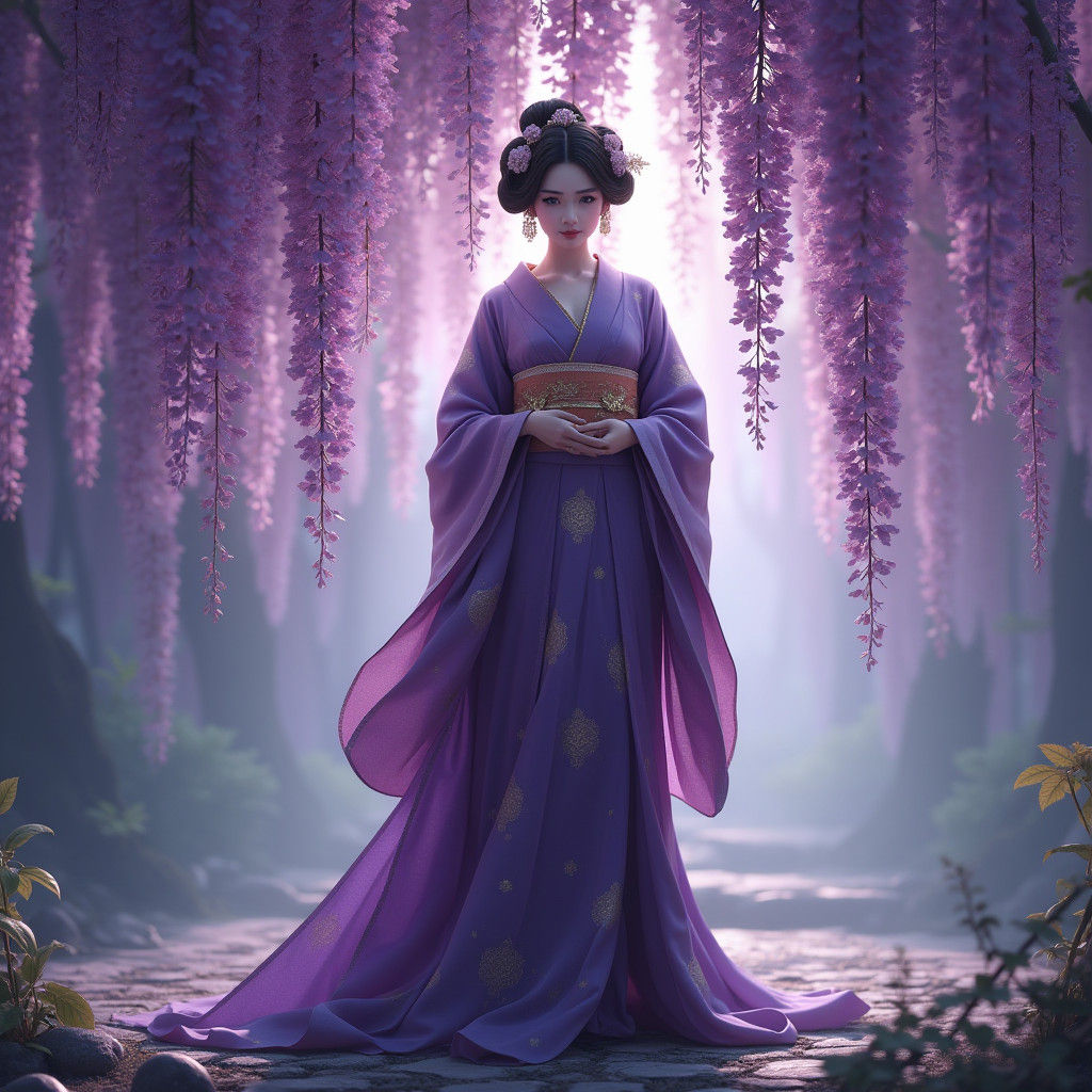 Geisha in Violet Kimono Under Wisteria Tree