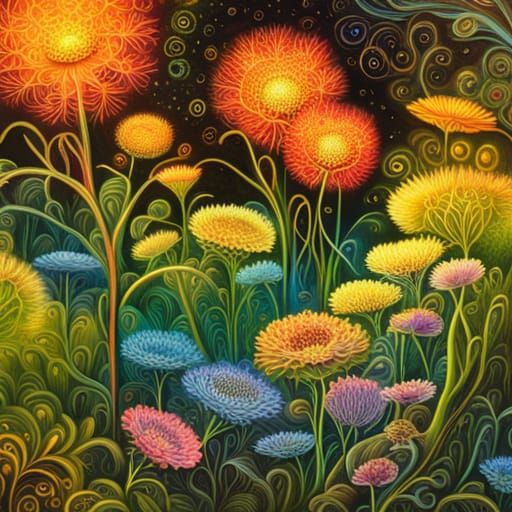 Neon Dandelion Garden in Dreamlike Style
