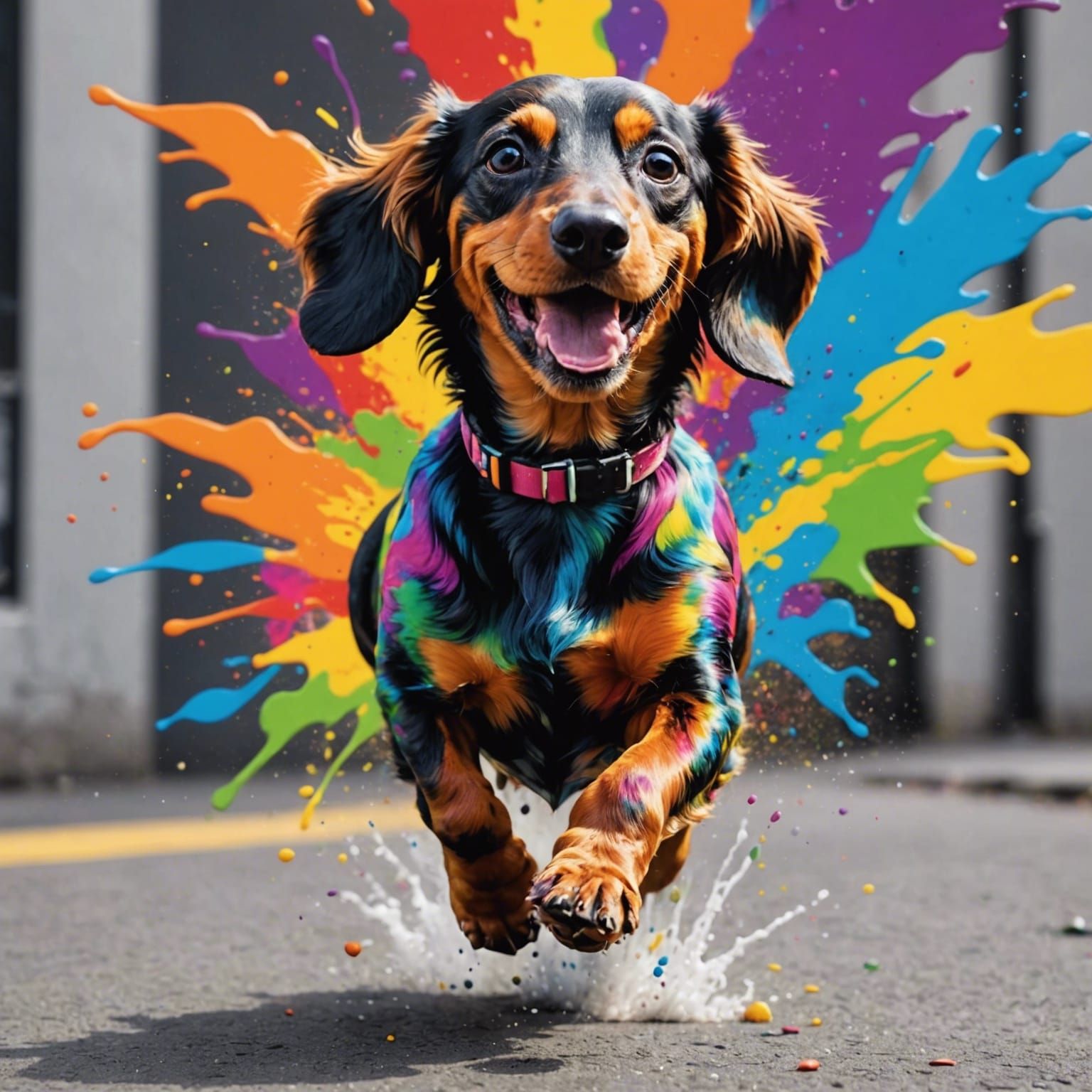Shaggy Dachshund Running in Rainbow Splash Art