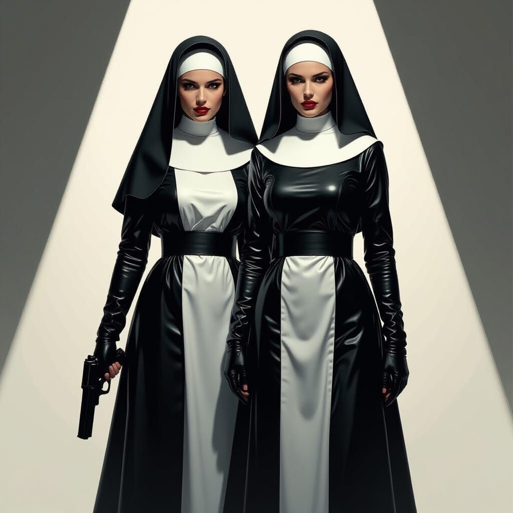 Latex Nuns in Film Noir Style with Gun