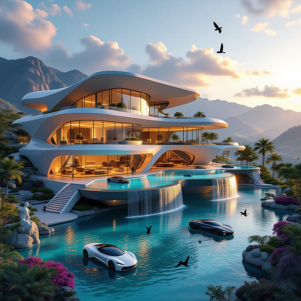 Massive Futuristic Mansion Floating Above Lake, Golden Hour