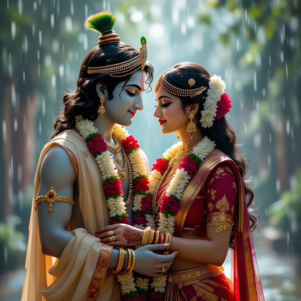 Radha Krishna in Rain: Classical Indian Painting