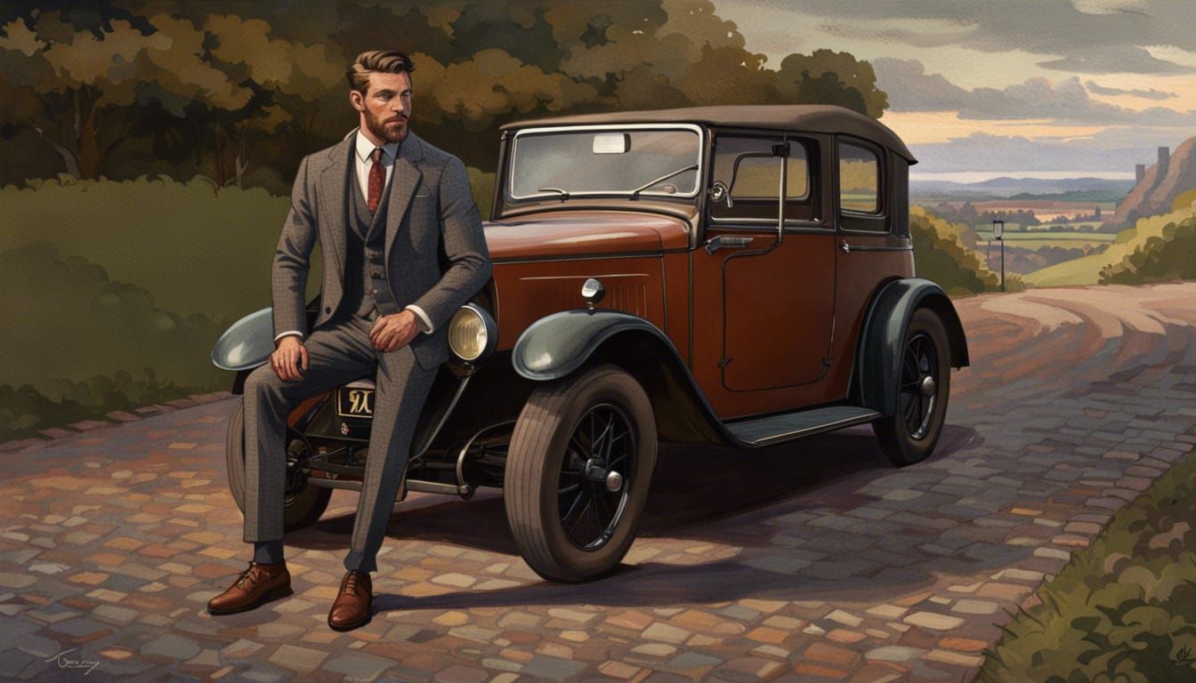 Austin 7 and Man in Tweed Suit at Twilight