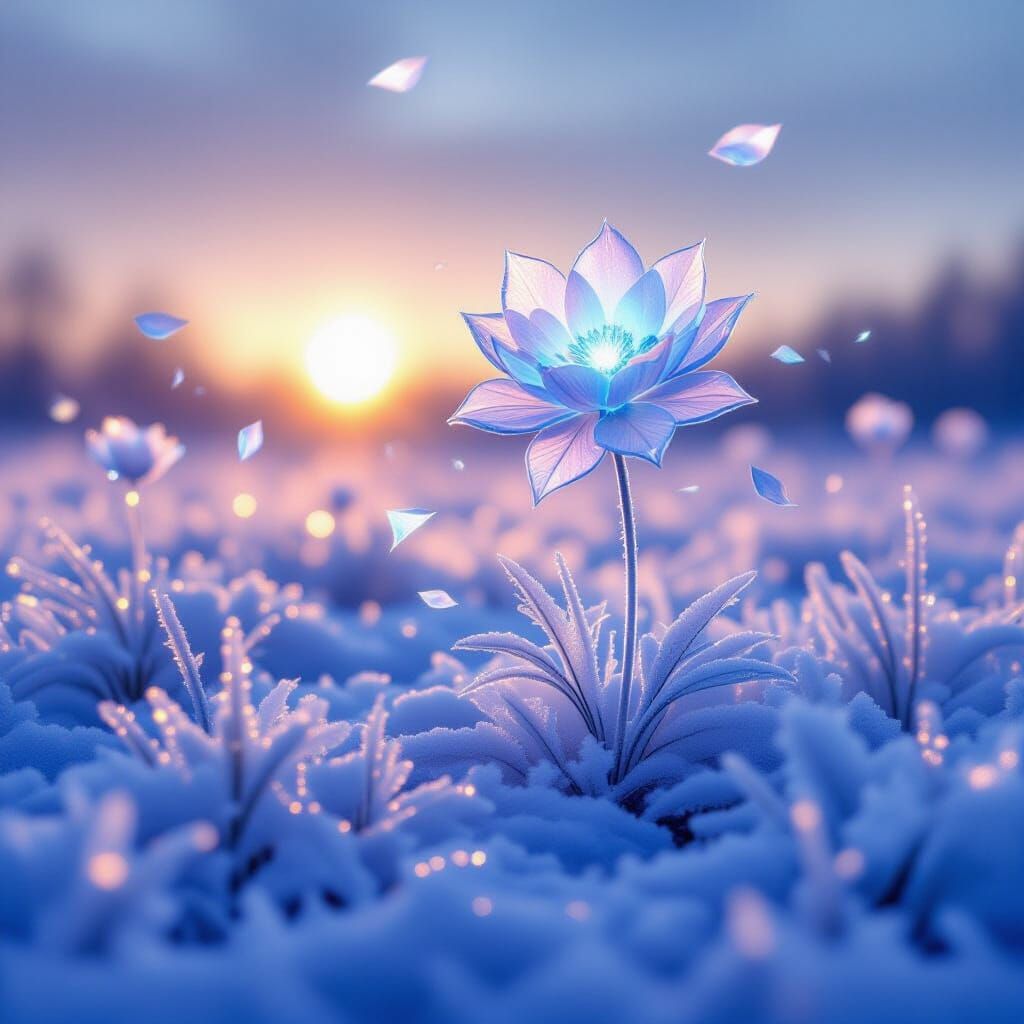 Frozen Meadow Sunrise with Crystal Ice Flowers