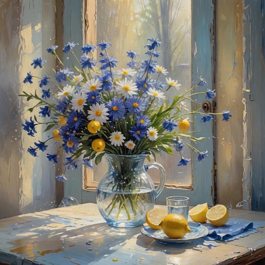 Expressionist Oil Painting of Lemon and Flowers