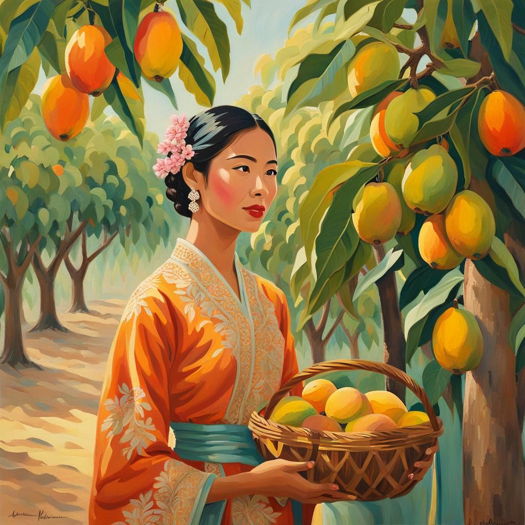 Gouache Impressionist Painting of a beautiful Indonesian wom...