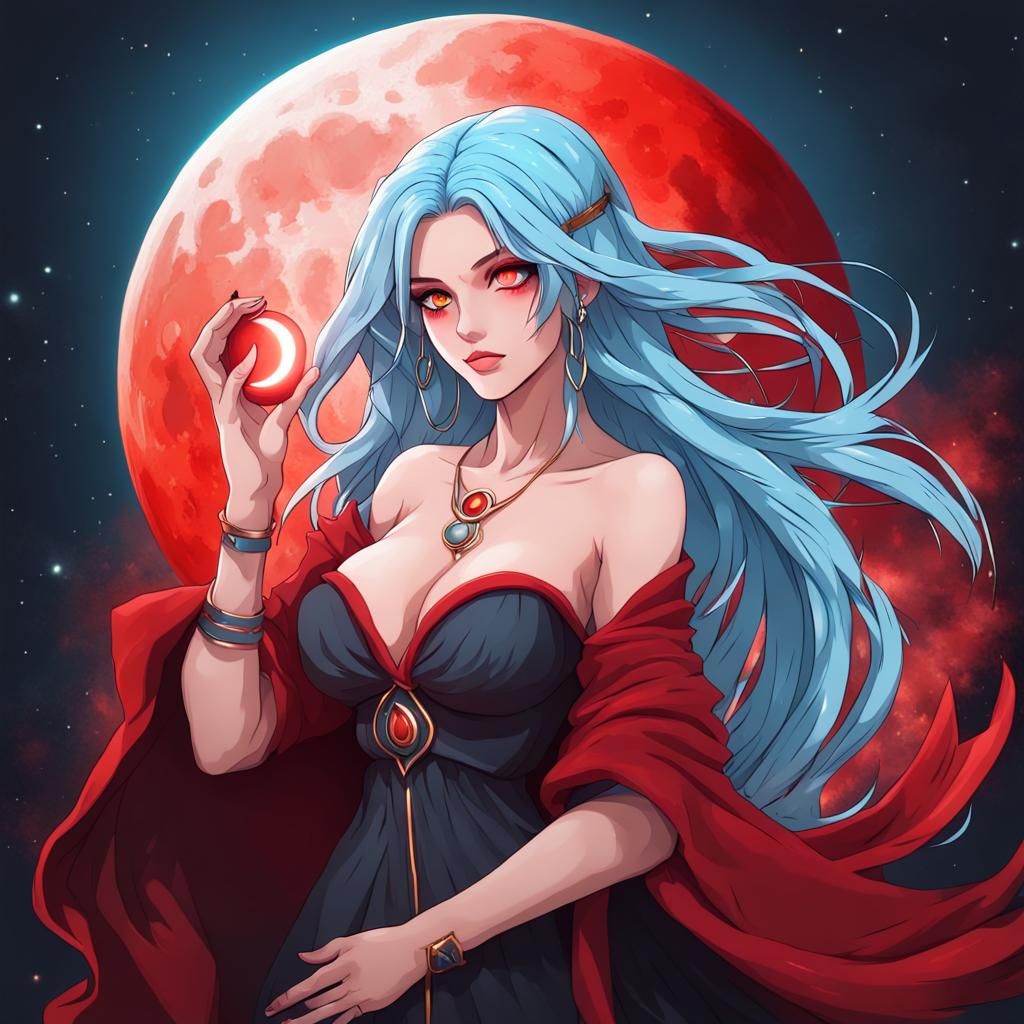 Enchantress Casting a Spell Under Red Moon