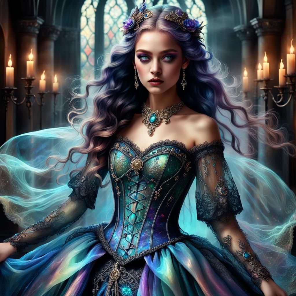 Ornate Witch in Iridescent Gown: Impressionist Masterpiece
