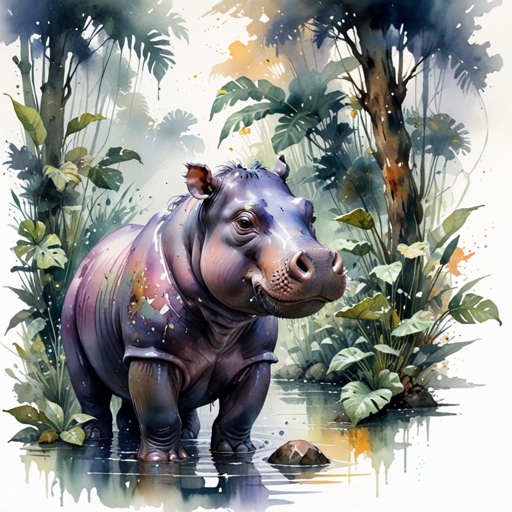 Adorable Pygmy Hippo in Twilight Forest Stream