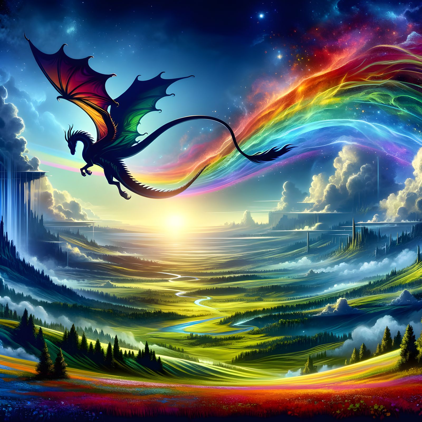 Rainbow Dragon Soaring Over Verdant Plains