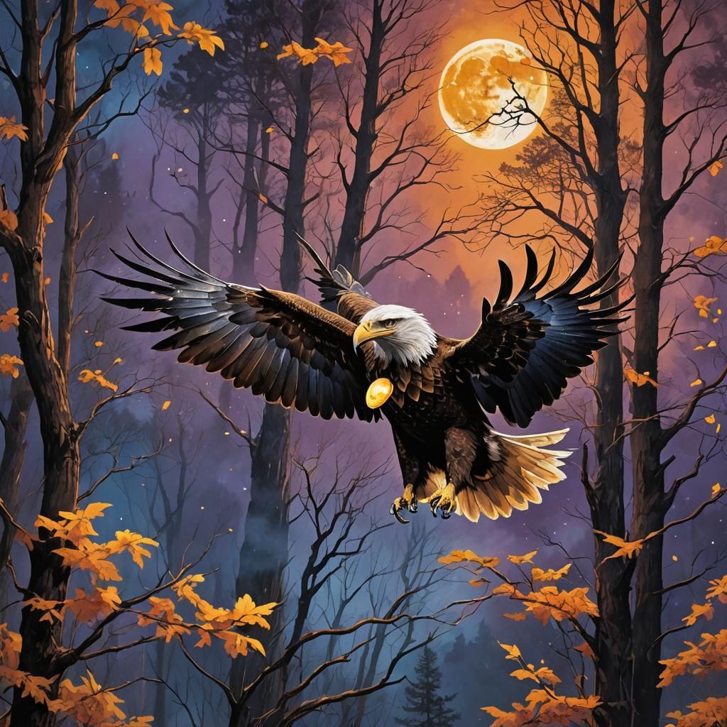 Majestic Eagle Embraces Moonlit Forest in Matte Painting