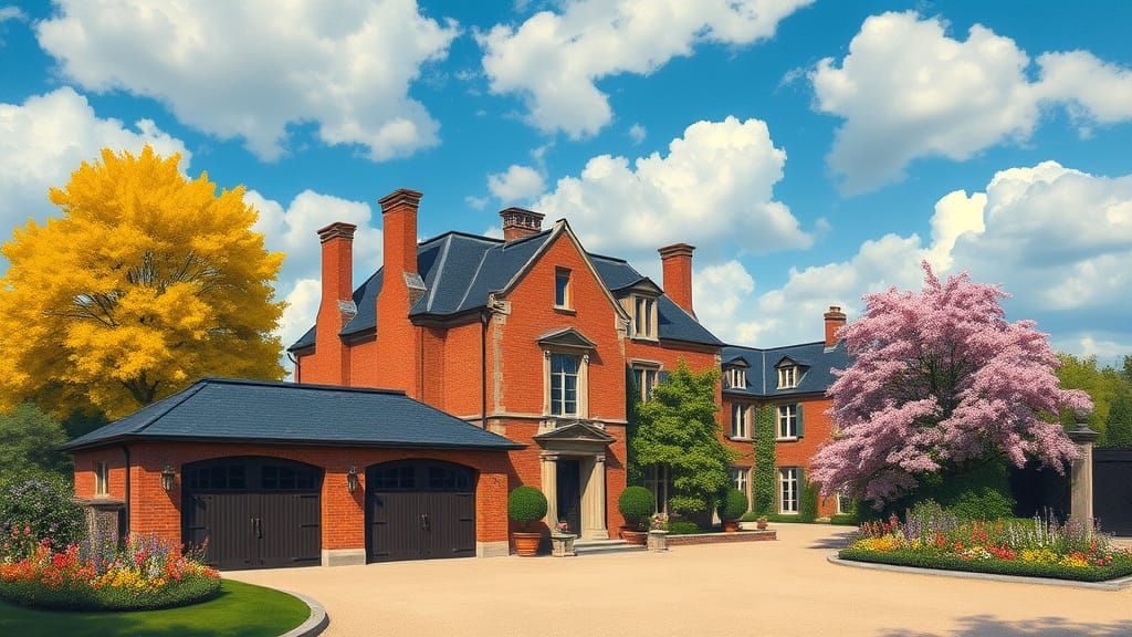 Grand Brick Chateau with Vibrant Garden in Painterly Style