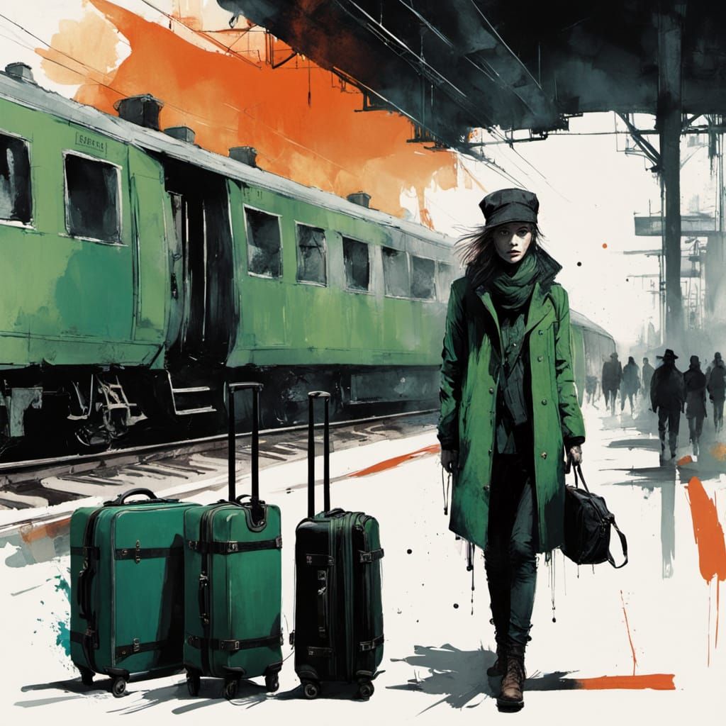 Woman with Green Suitcase on Busy Train Platform