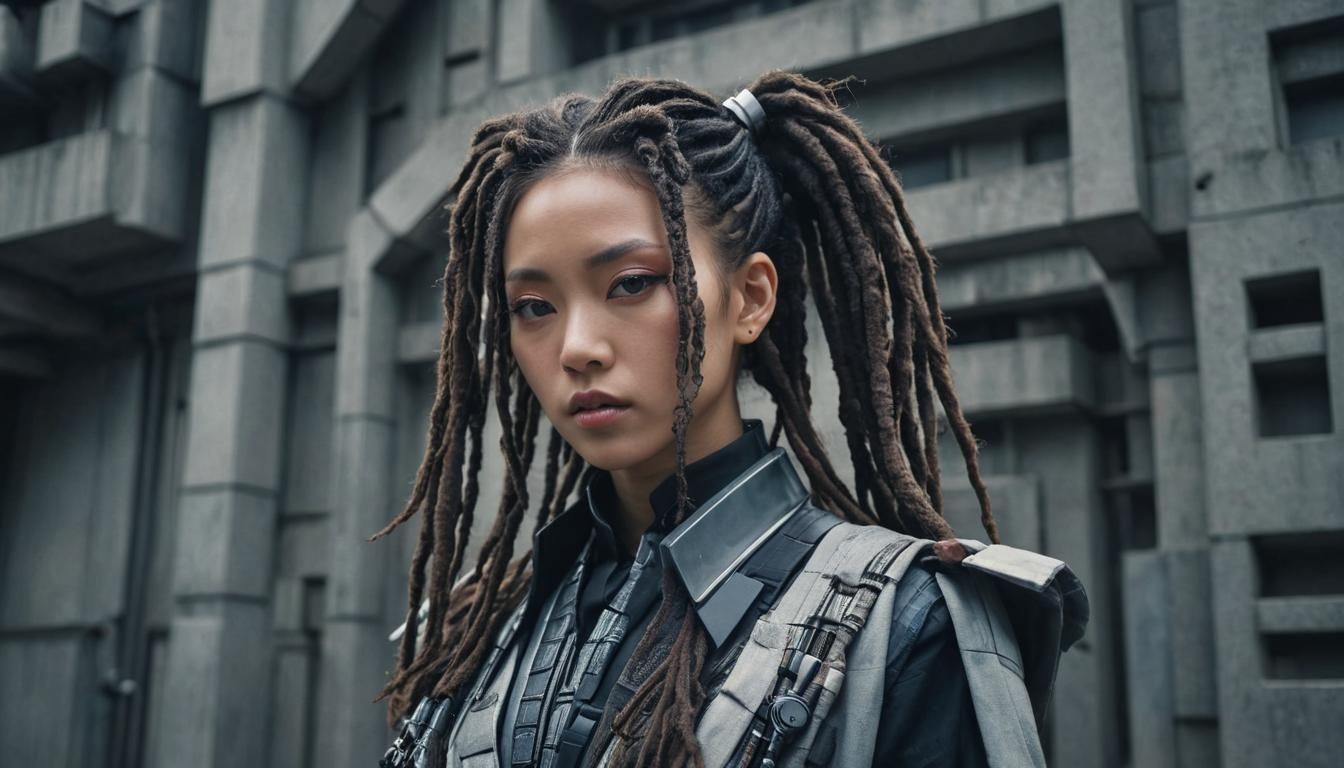 Futuristic Dreadlocked Japanese Girl in Brutalist Setting