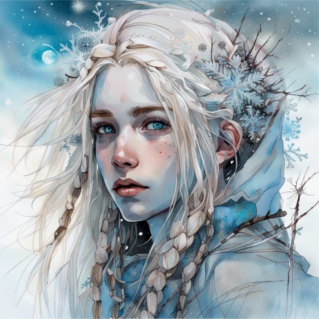 Mystical Girl with Snowflakes, Watercolor Illustration