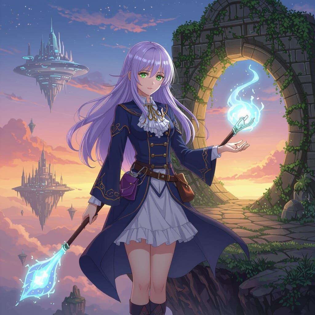 Anime Sorceress on Cliff Overlooking Cloud City