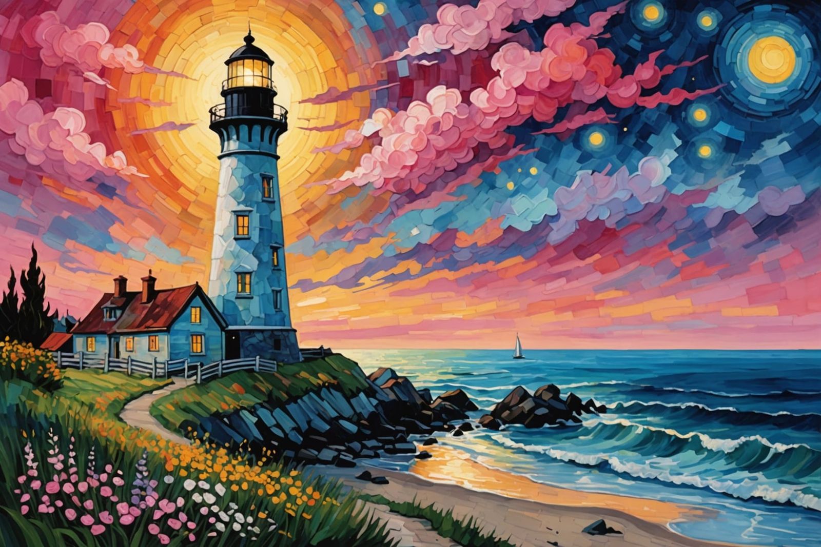Lighthouse with Pink Flowers in Gothic Van Gogh Style
