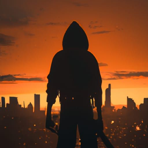 Hooded Figure with Machete in Orange Cyberpunk City