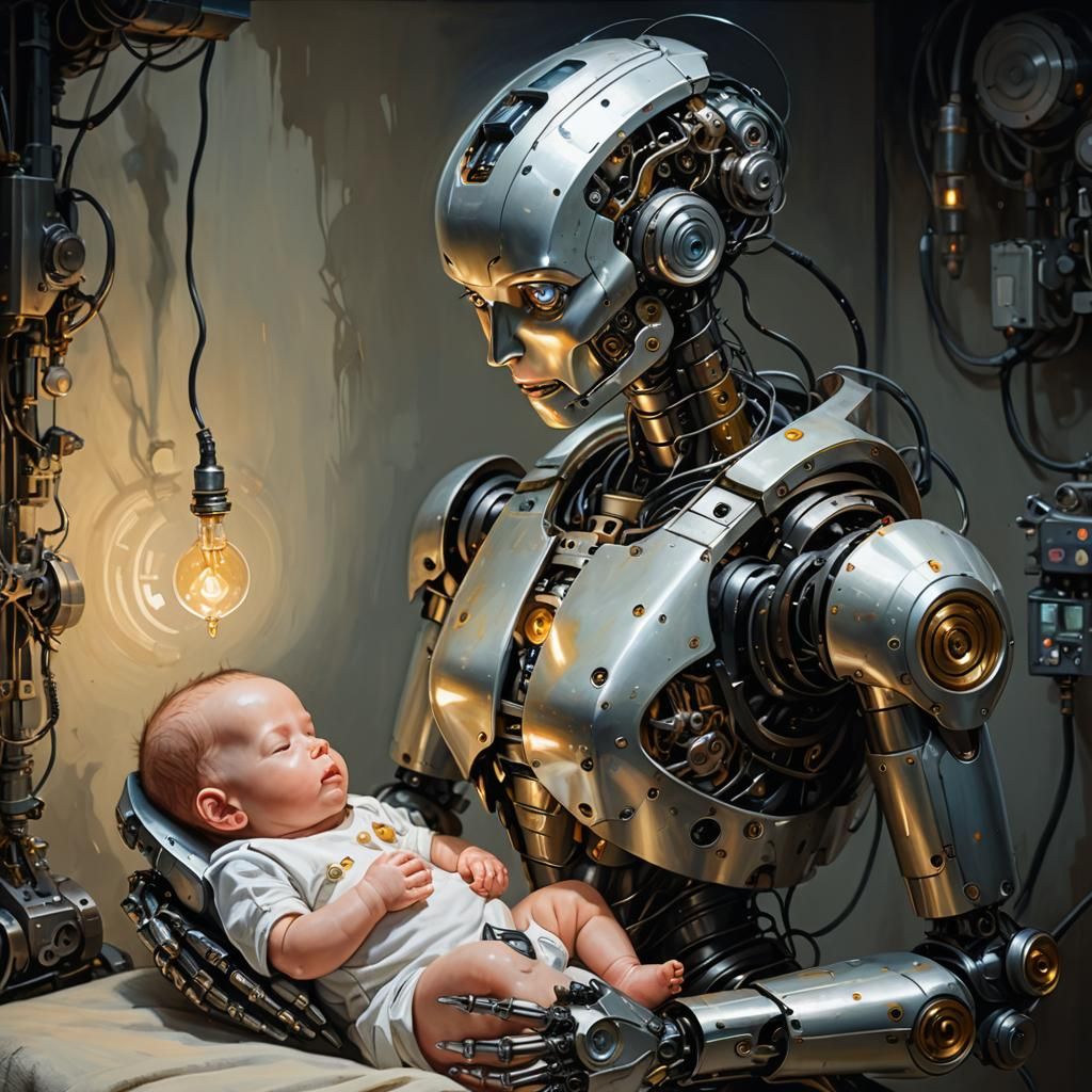 Robot Mother Breastfeeding Human Baby: Heartwarming AI Art