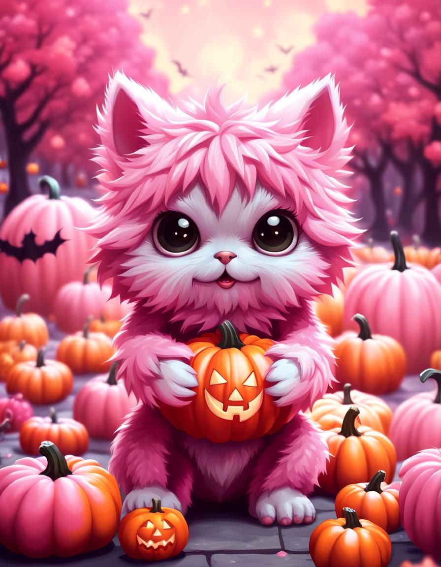 Adorable Pink Monster Halloween Digital Illustration