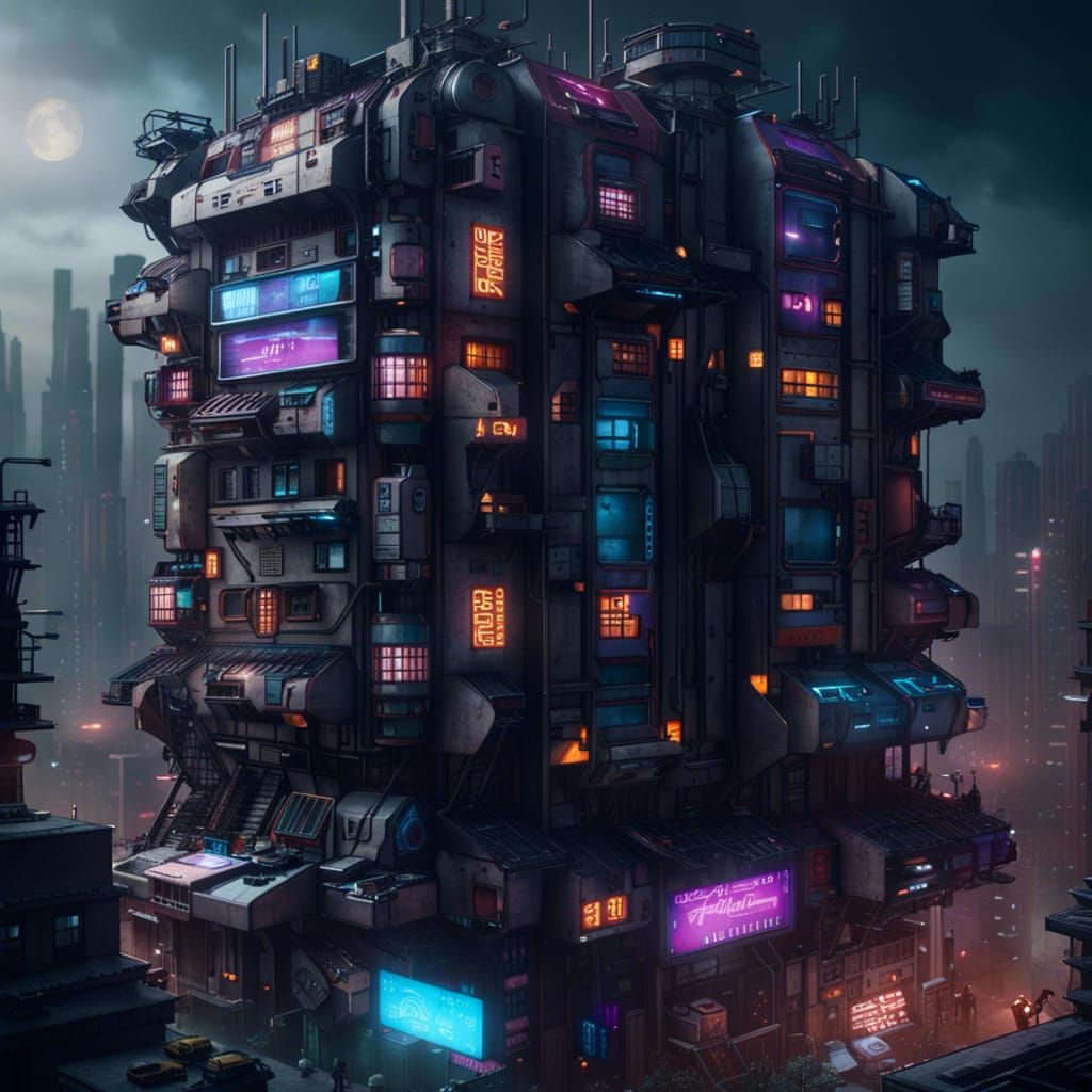 Cyberpunk Megabuilding with Apartments and Shops