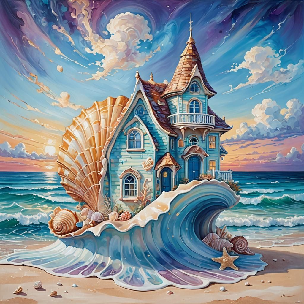 Seashell House: Dreamlike Oil Painting Architecture
