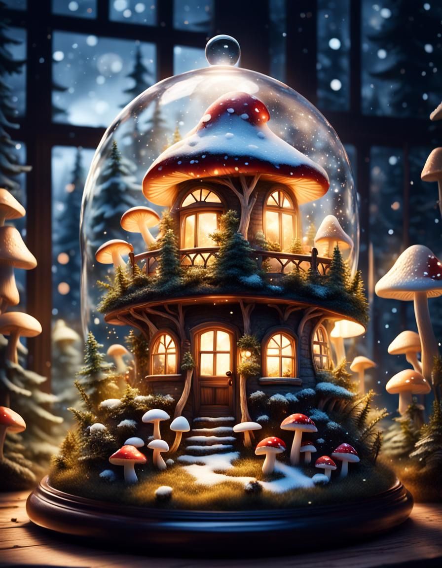 Fairy Mushroom House in Snow Globe Terrarium