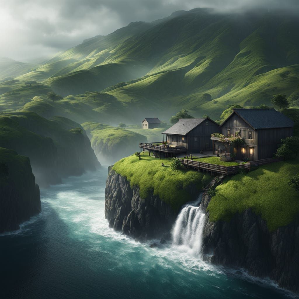 Misty Mountain Village and Waterfall - Cinematic Digital Art