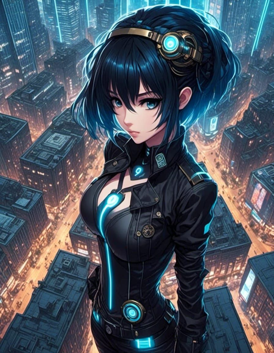 Medium Aerial view of Anime female Goth Steampunk in city square <lora:Gridimation:1.0>