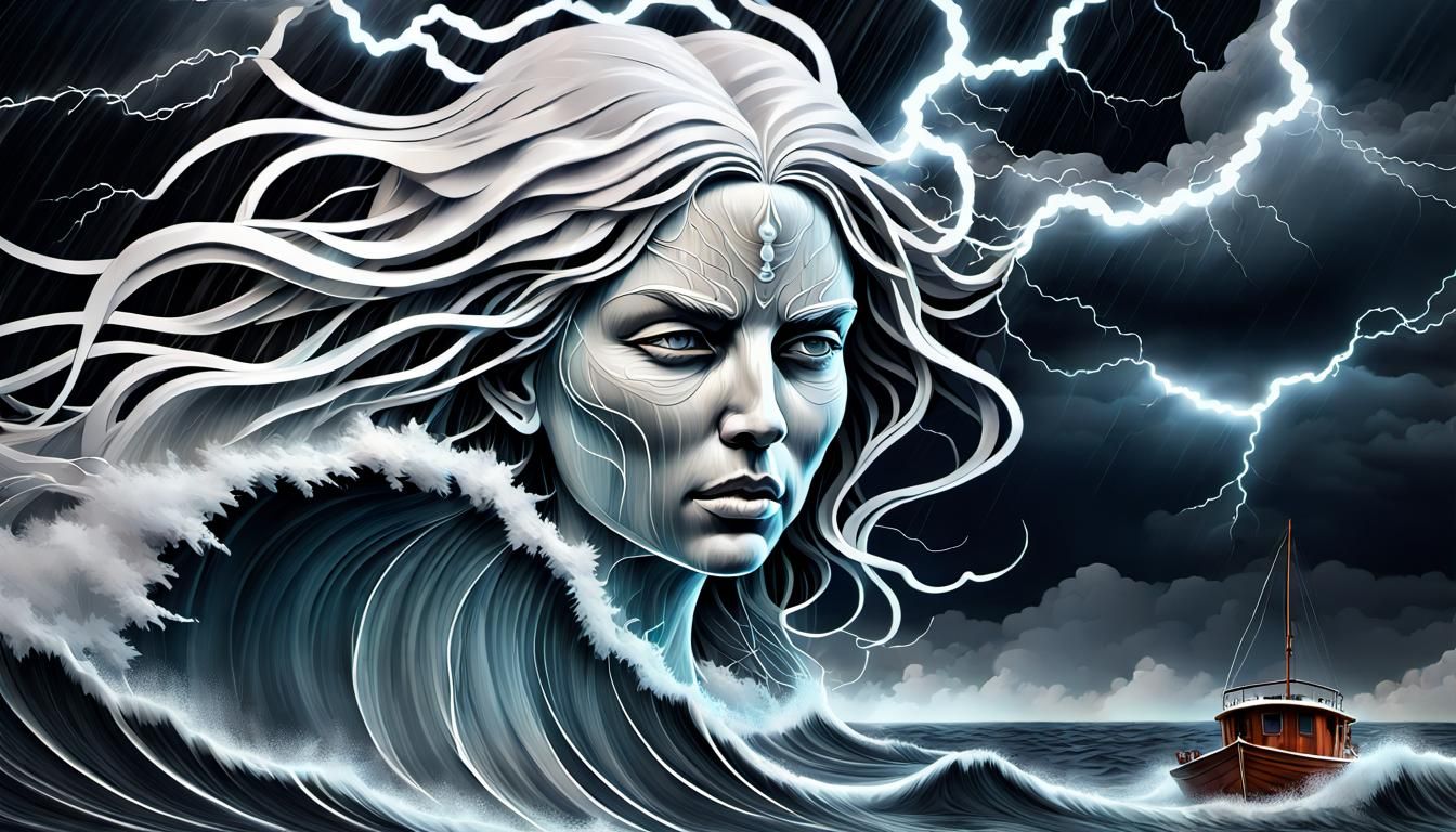 Ethereal Goddess Unleashes Lightning Storm, Dark Fantasy Art