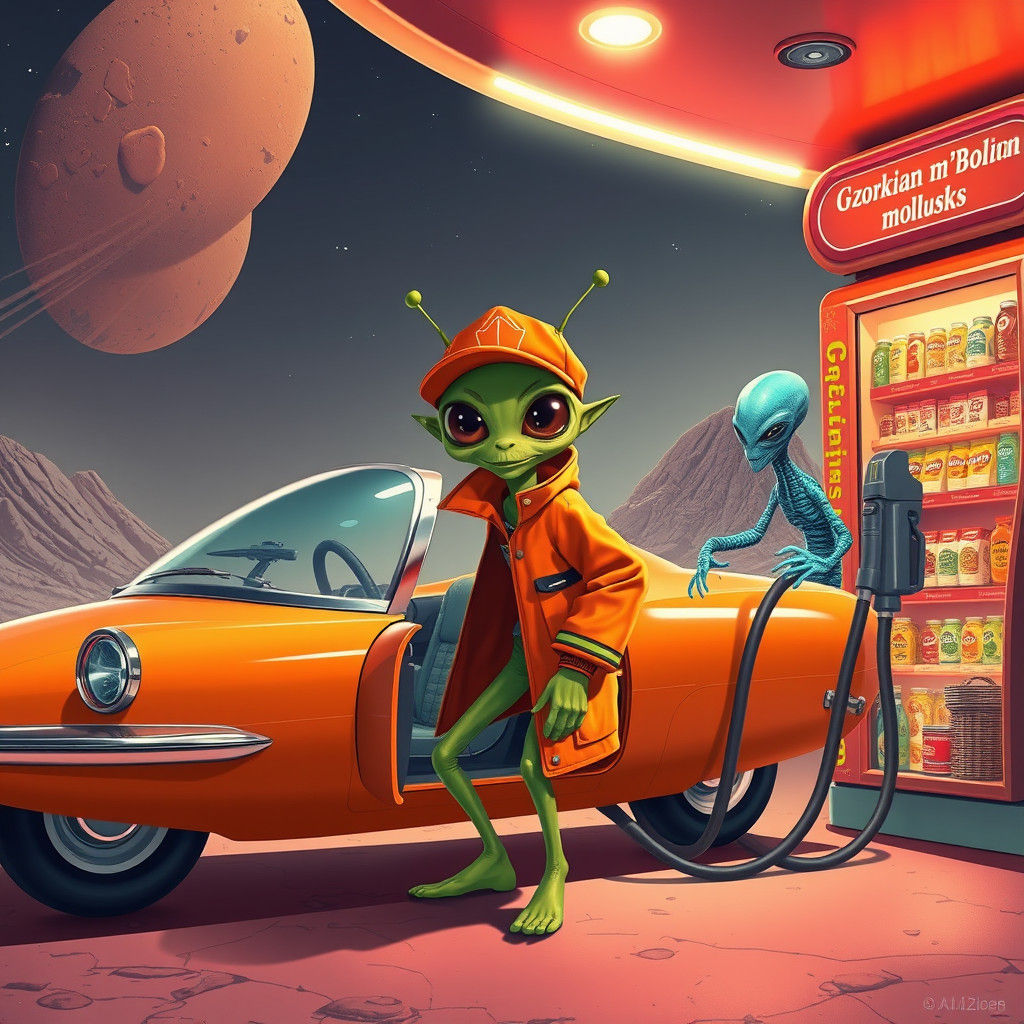 Alien pops into the gas station store whist getting getting his car filled up