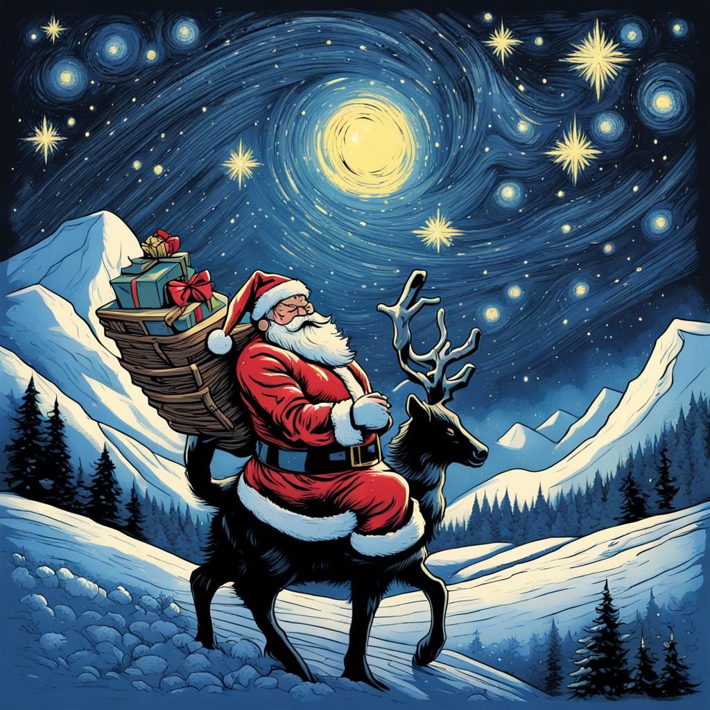 Starry Night Santa Christmas T-Shirt in Van Gogh Style
