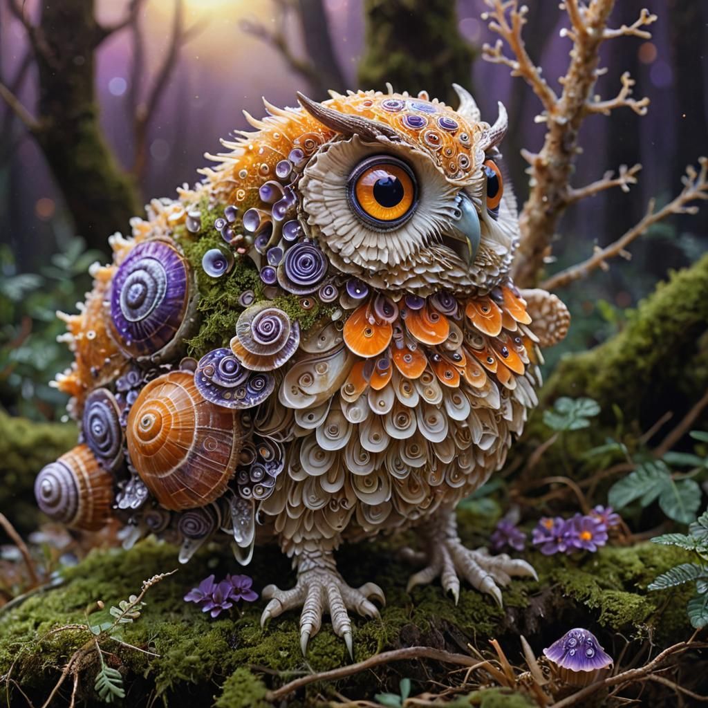 Fantastical Snail-Owl Creature in Detailed Digital Art