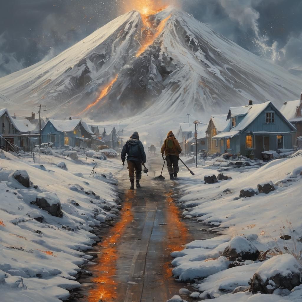 Surrealist Scene of Volcanic Eruption in a Winter Wonderland