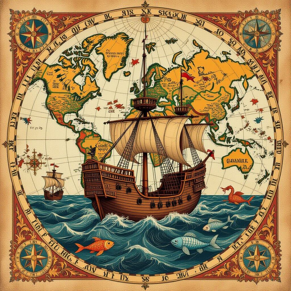 Detailed Vintage World Map with Warship and Sea Creatures