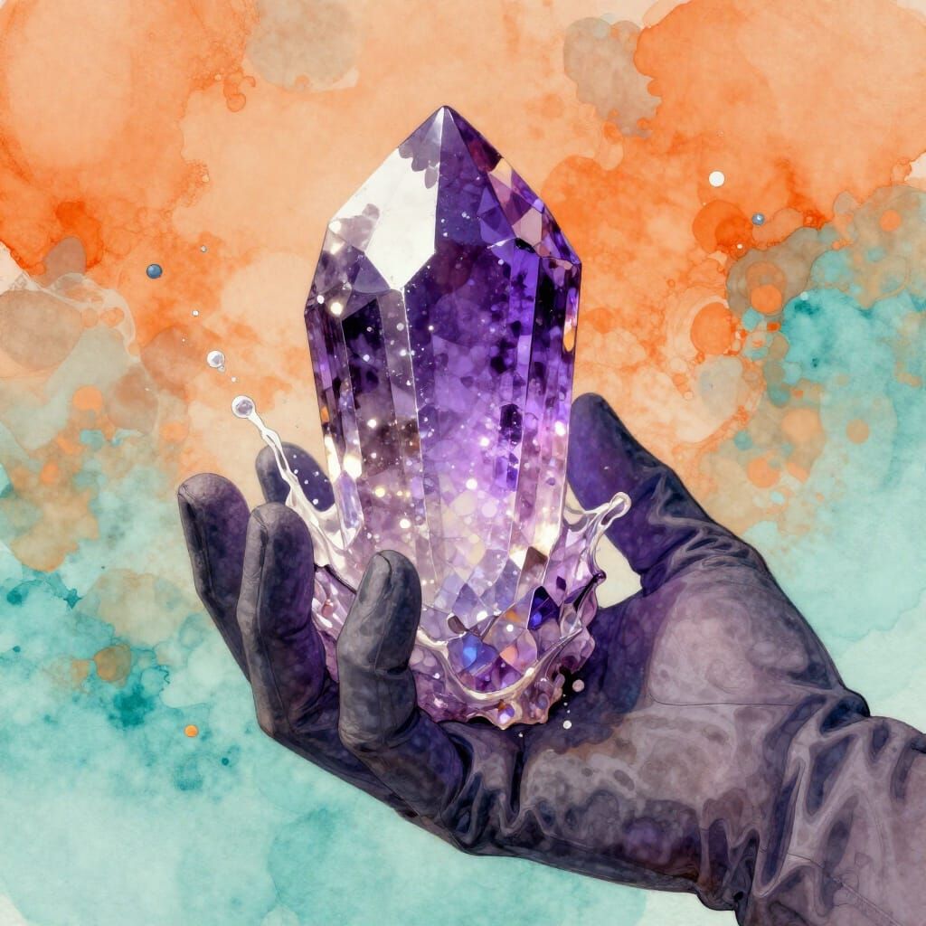 Shimmering Purple Crystal Held in Gloved Hands