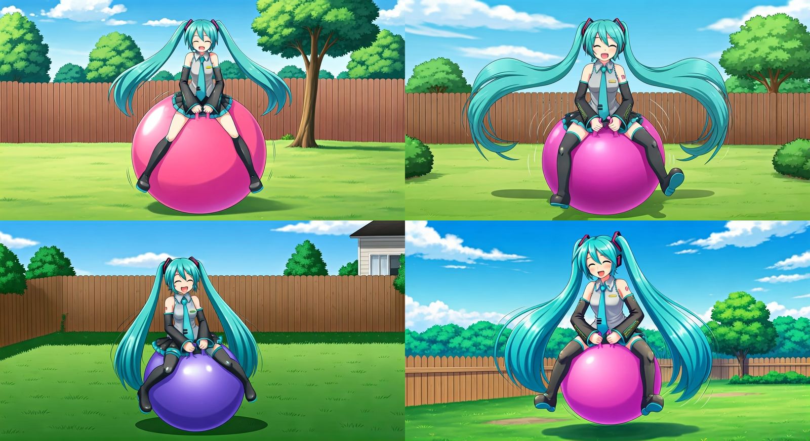 Hatsune Miku Bouncing on Hopper Ball in Anime Style